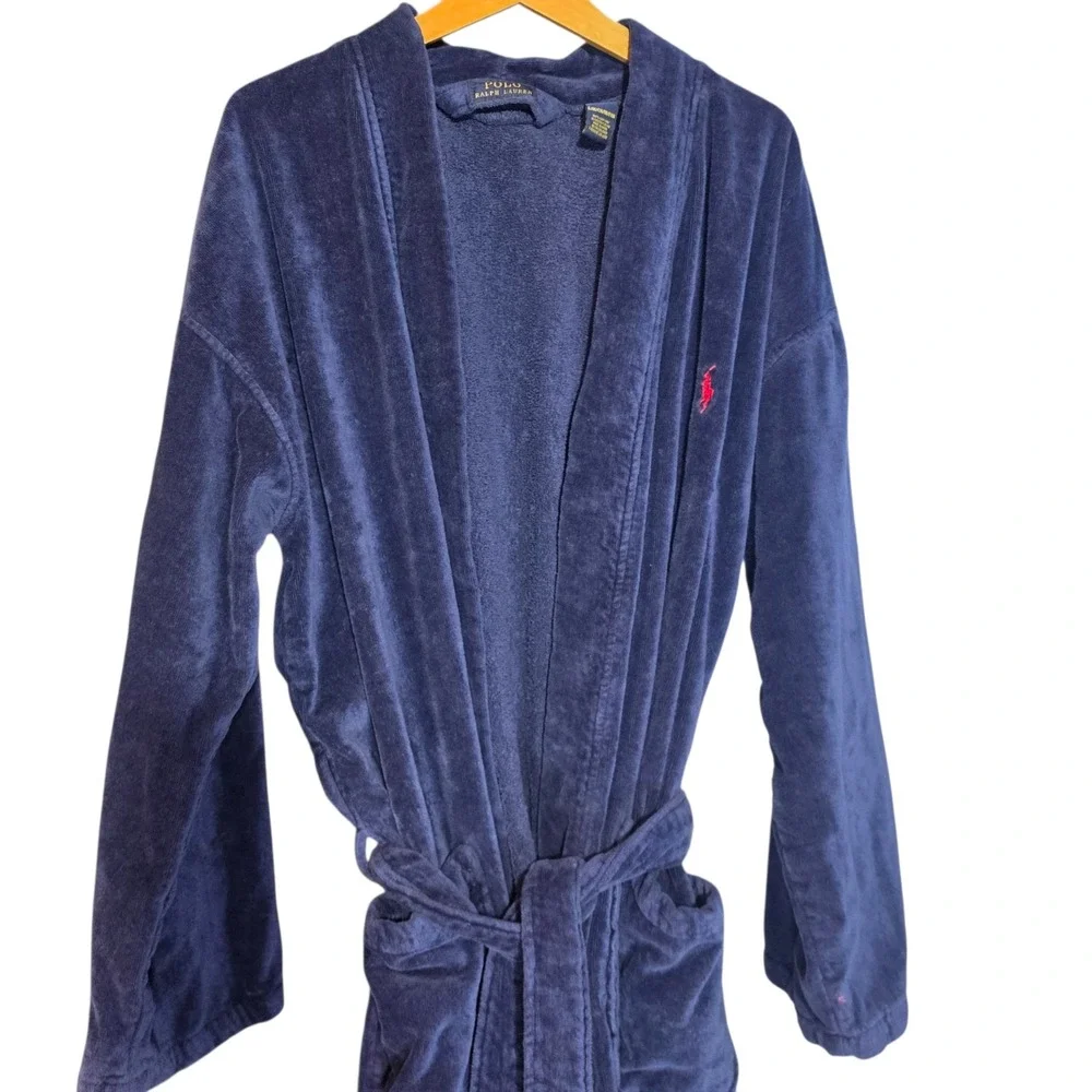 Polo Ralph Lauren Mens Medium Bathrobe Navy Blue Terry Cloth Cotton Pony Logo